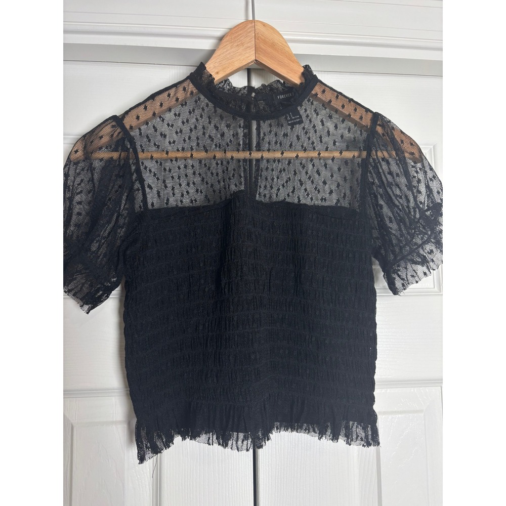 Forever 21 Black Swiss Dot Mesh Smocked Mock Neck Puff Sleeve Top Small